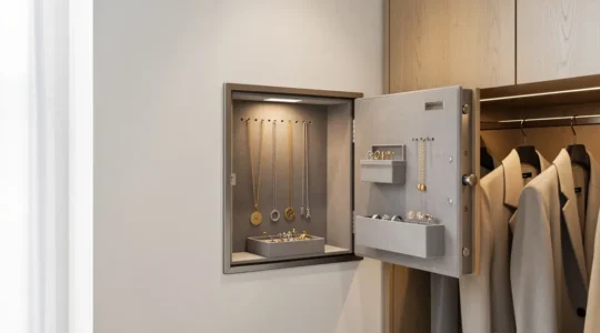 Coffre-fort encastré entrouvert dans un dressing moderne, intérieur résidentiel Haute-Savoie