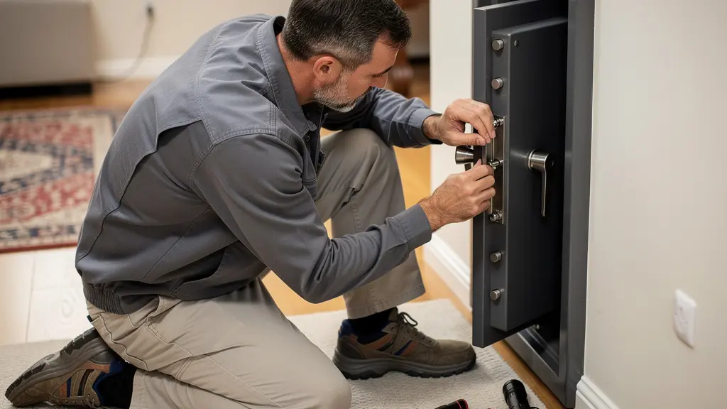 Serrurier professionnel examinant un coffre-fort à poser, intervention domicile Haute-Savoie
